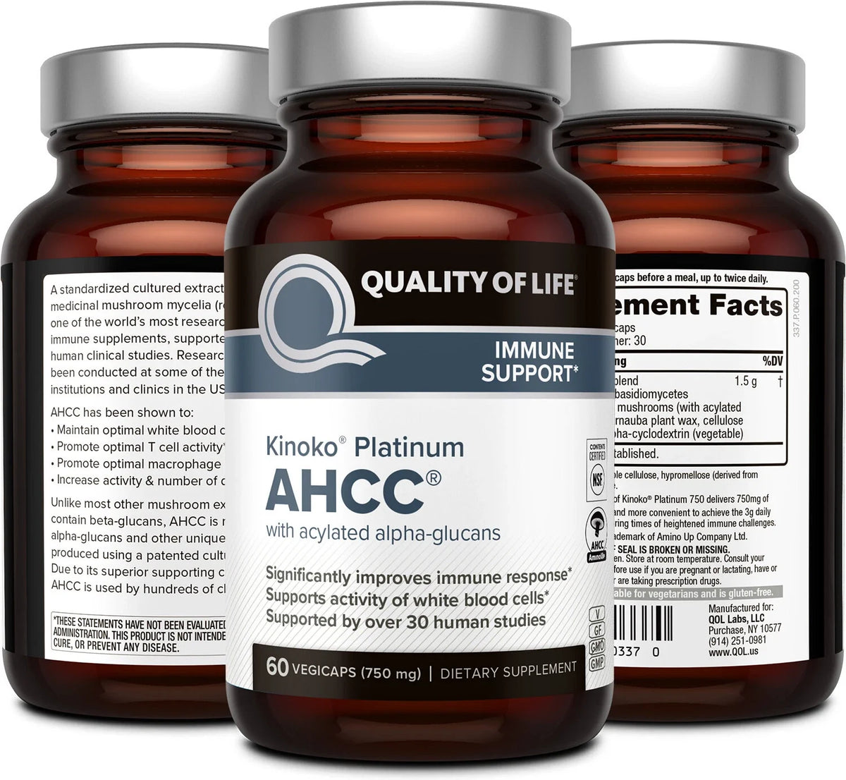 Kinoko Platinum AHCC 750 mg - Immune Supplement - Quality of Life - 60 Count ( PACK OF 2 )