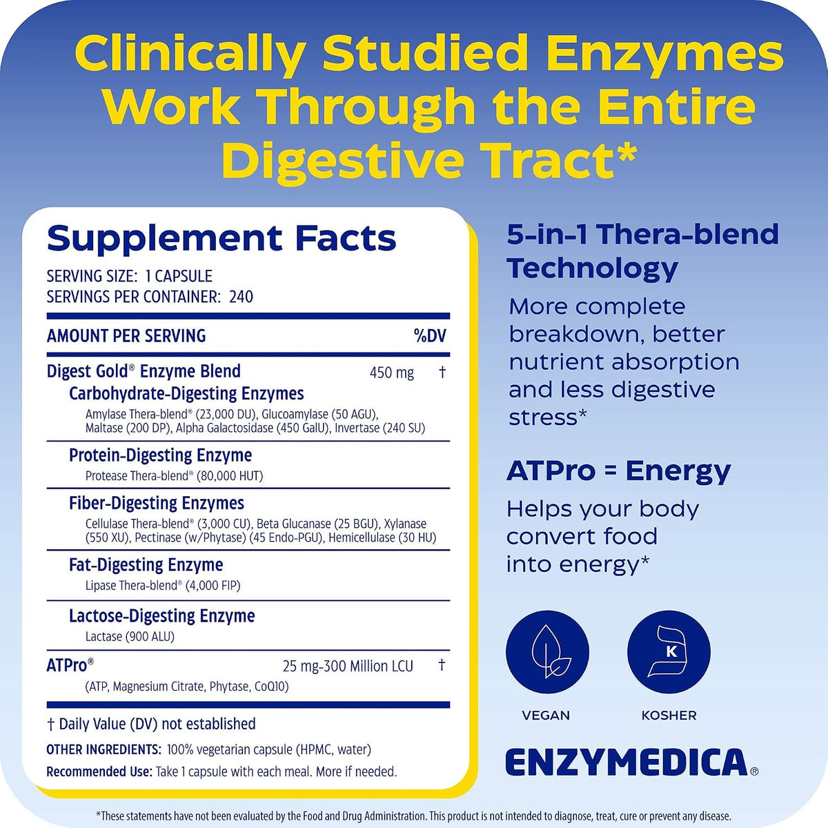 Enzymedica Digest Gold, Maximum Strength, ATPro Energy Support - 240 Caps (PACK OF TWO)