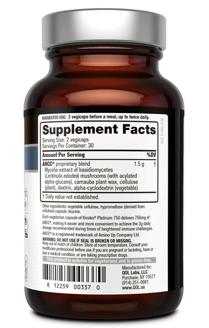 Kinoko Platinum AHCC 750 mg - Immune Supplement - Quality of Life - 60 Count ( PACK OF 2 )