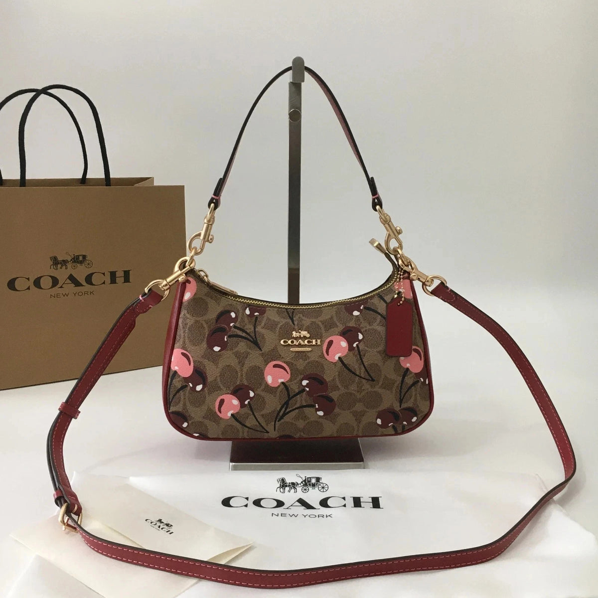 NWT Coach Teri Shoulder Bag CY694 Signature Canvas Cherry Print Tan Brown