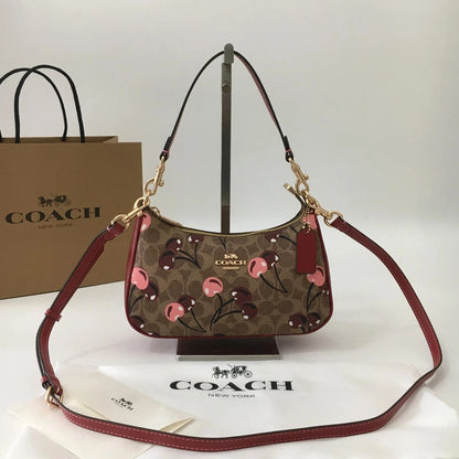 NWT Coach Teri Shoulder Bag CY694 Signature Canvas Cherry Print Tan Brown