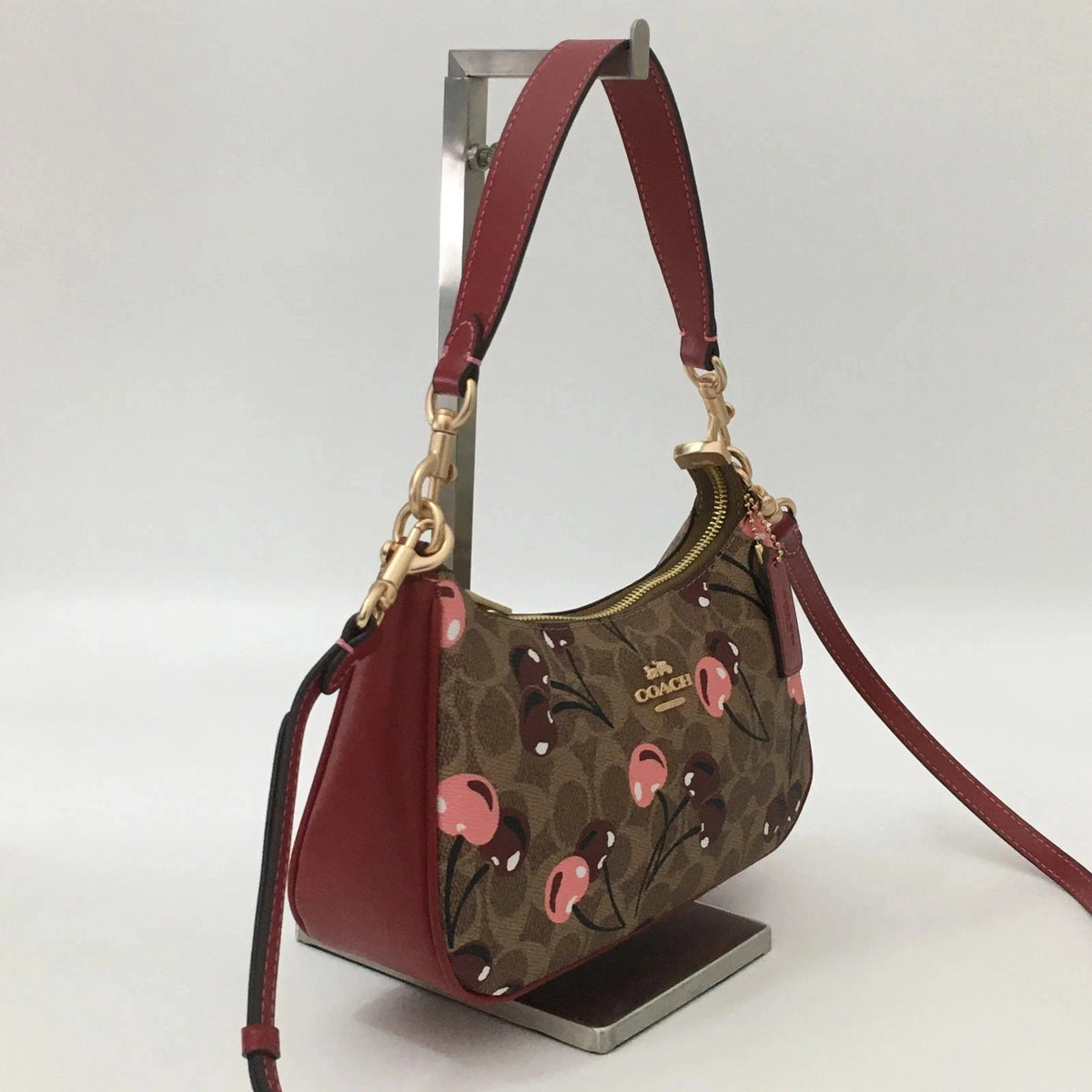 NWT Coach Teri Shoulder Bag CY694 Signature Canvas Cherry Print Tan Brown