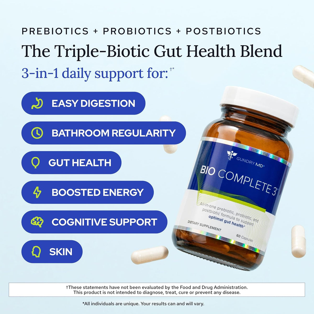 Gundrryy MD Bio Complete 3, 3-in-1 Probiotics, Pre & Postbiotics, 90 Servings