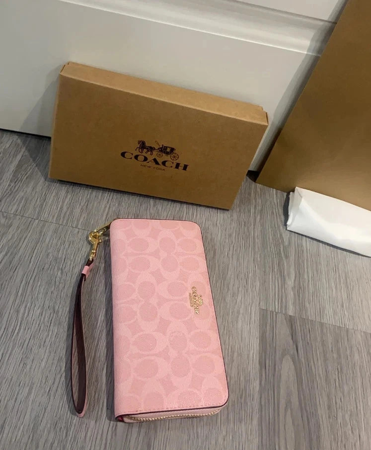 Coach Long Zip Around Wallet CW778 Signature Canvas Powder Pink