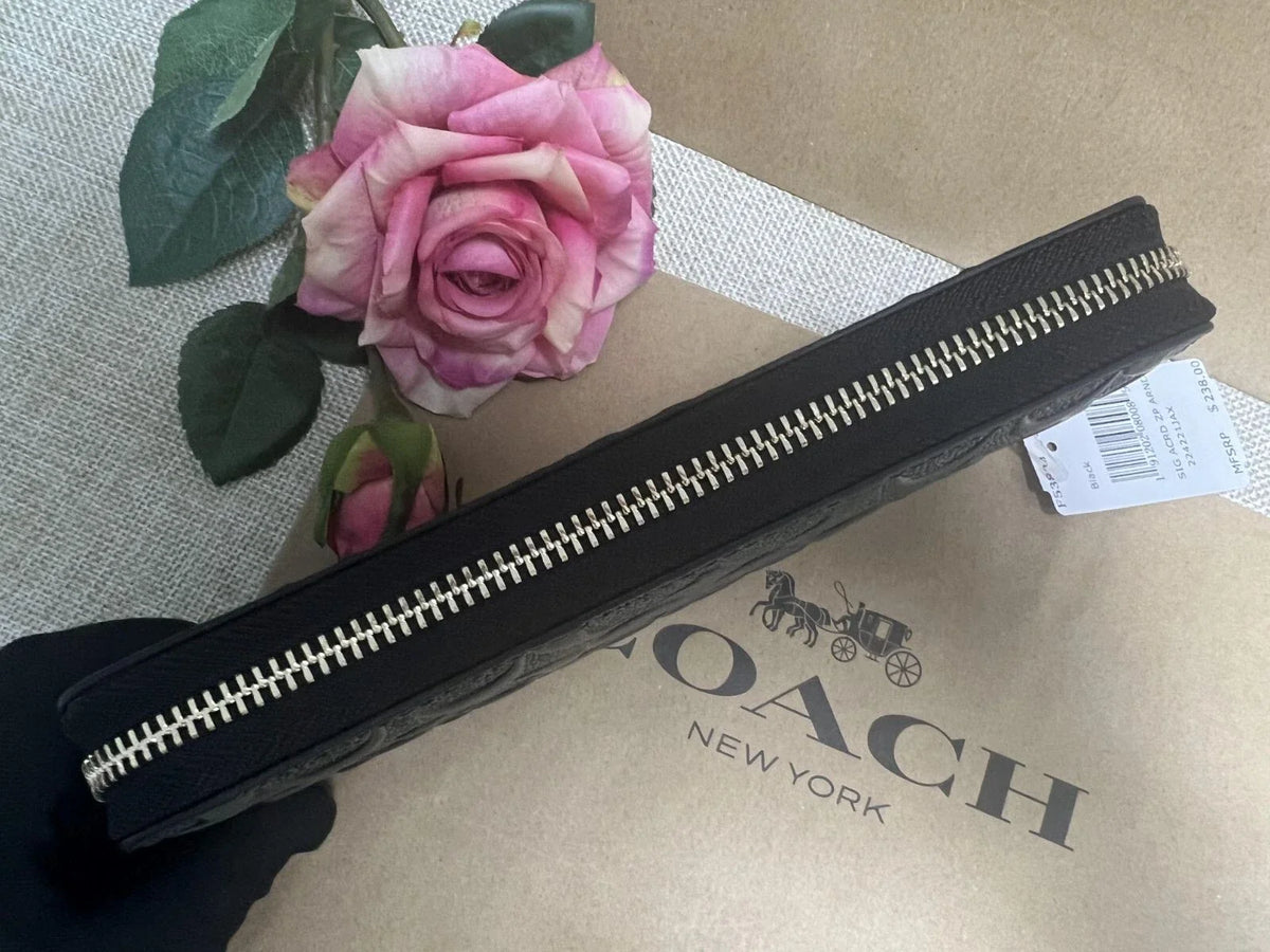 Coach F53834 Long Zip Around Wallet Signature Leather Black Japan New