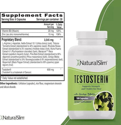 NaturalSlim Testosterin Men’s Multivitamin 180 Capsules – Male Vitality & Wellness Support